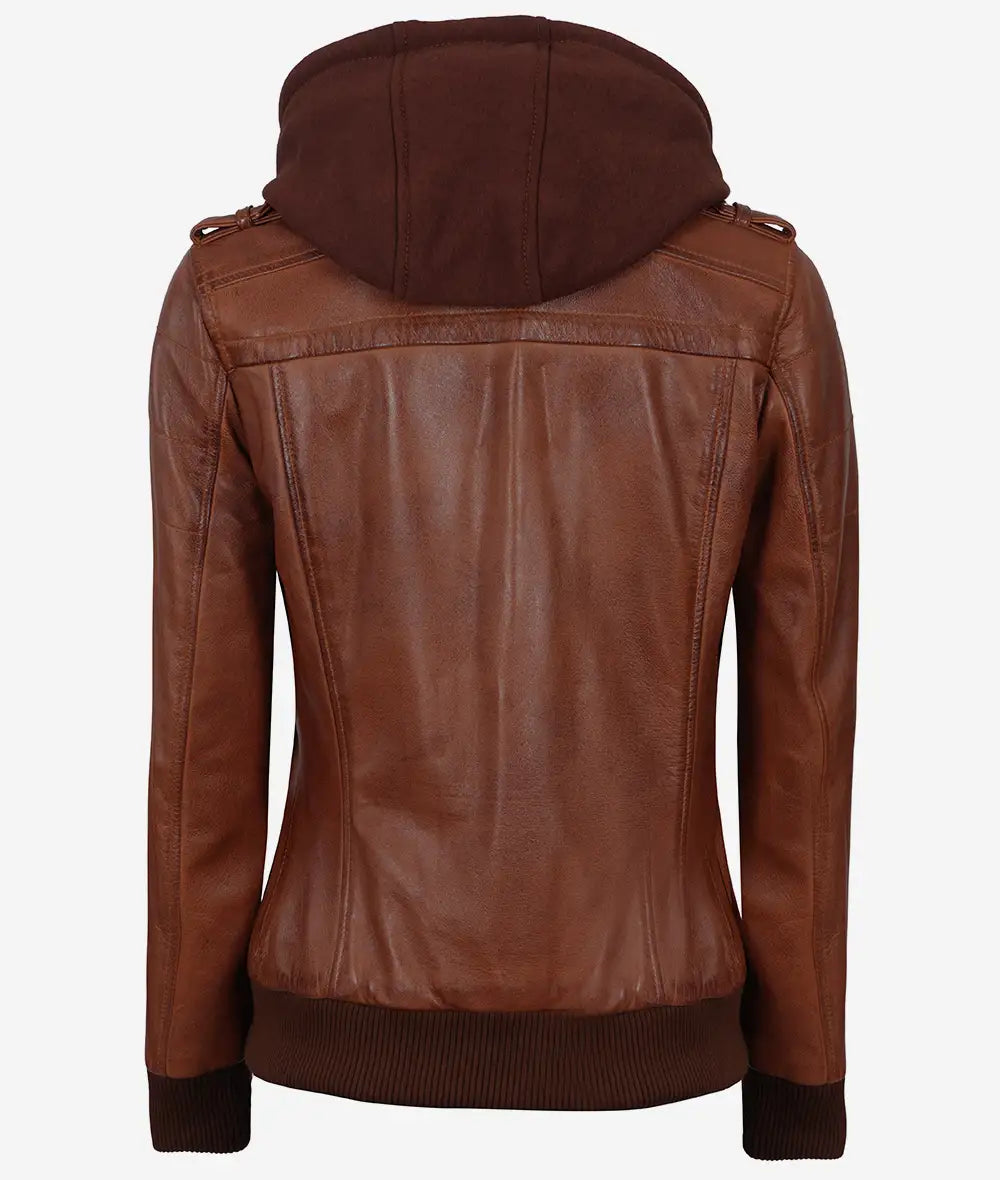 Women's Cognac Brown Leather Bomber Jacket