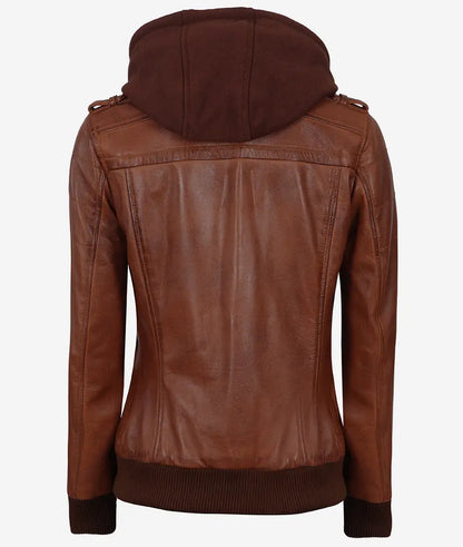Women's Cognac Brown Leather Bomber Jacket