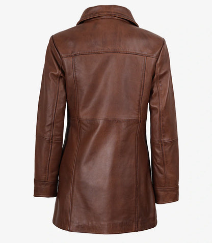 Women's Petite Brown Wax Real Leather Car Coat