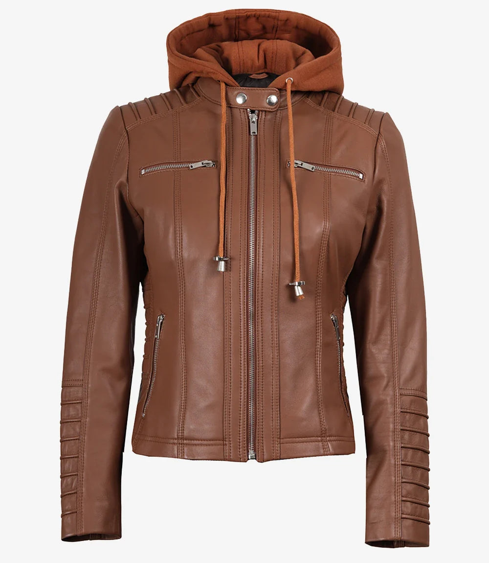 Helen Womens Cognac Leather Jacket with Removable Hood