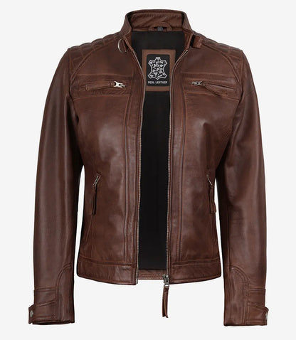 Womens Cognac Leather Biker Style Jacket - Quilted Shoulder