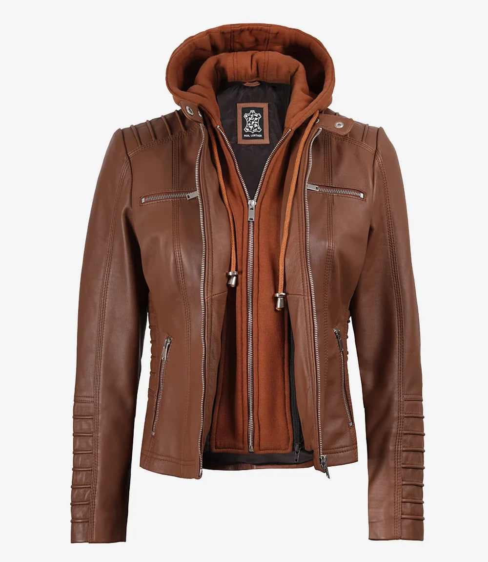 Helen Womens Cognac Leather Jacket with Removable Hood
