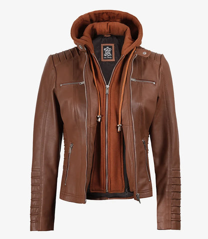 Helen Womens Cognac Leather Jacket with Removable Hood