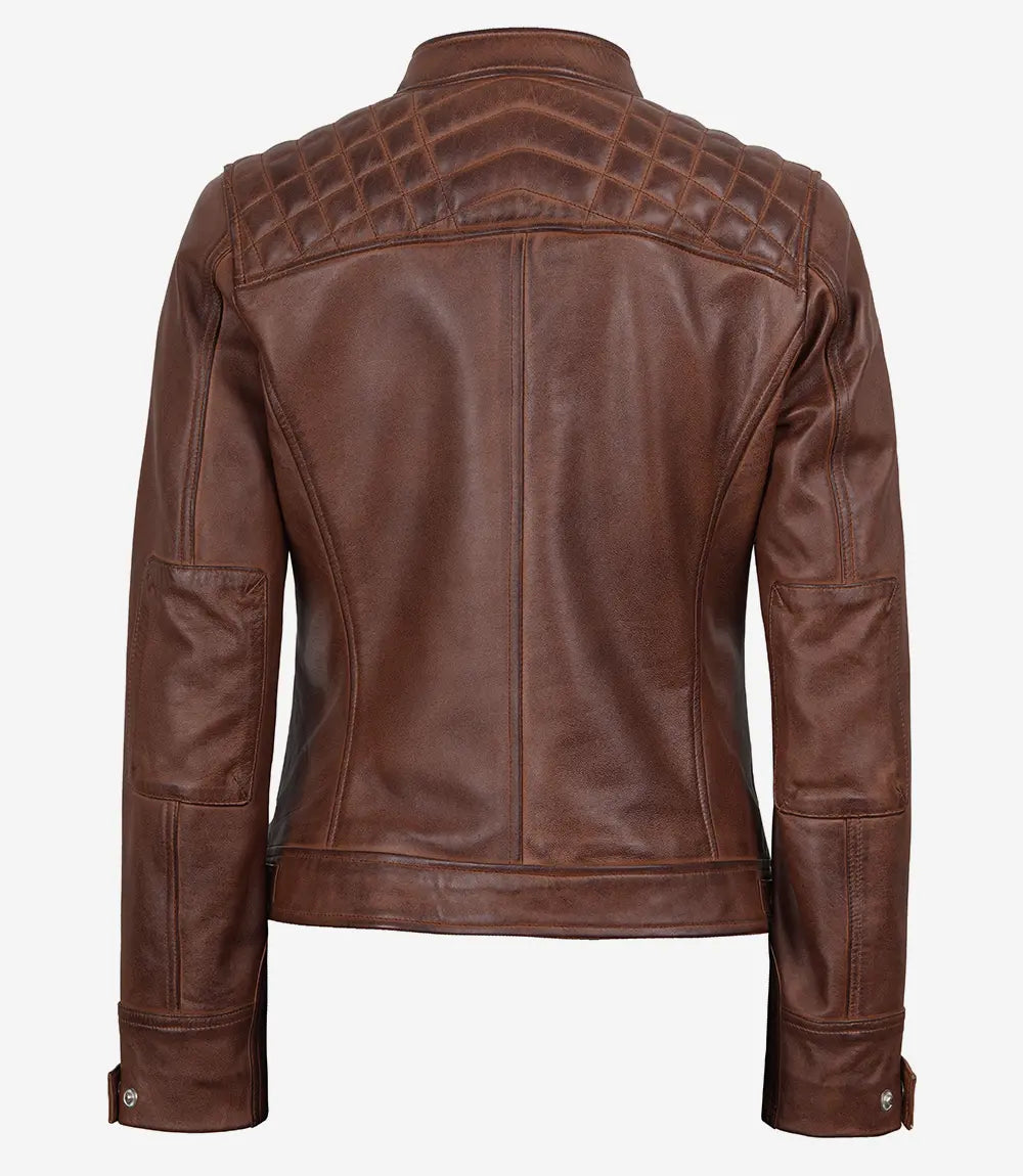 Womens Cognac Leather Biker Style Jacket - Quilted Shoulder