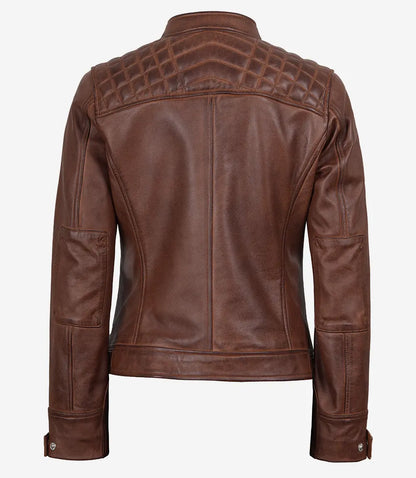Womens Cognac Leather Biker Style Jacket - Quilted Shoulder
