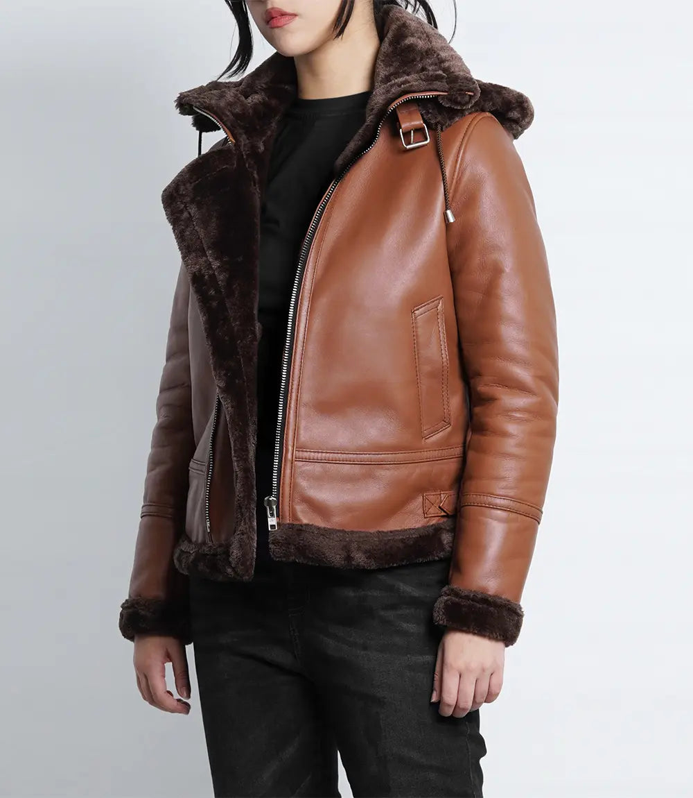 Women's Cognac B3 Bomber Shearling Leather Jacket Max Jackets