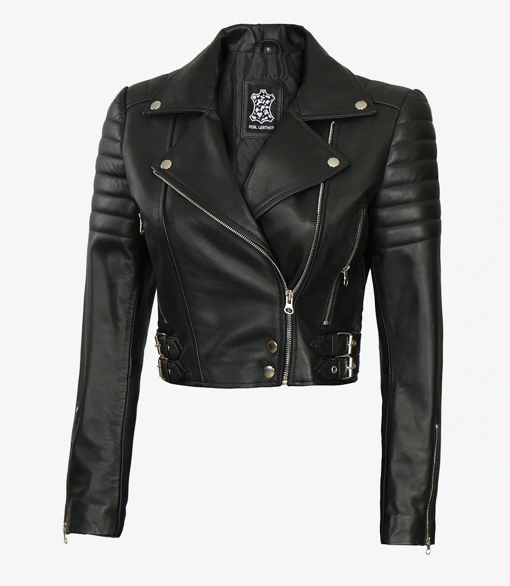 Women's Asymmetrical Black Cropped Biker Style Leather Jacket