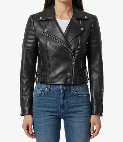 Women's Asymmetrical Black Cropped Biker Style Leather Jacket