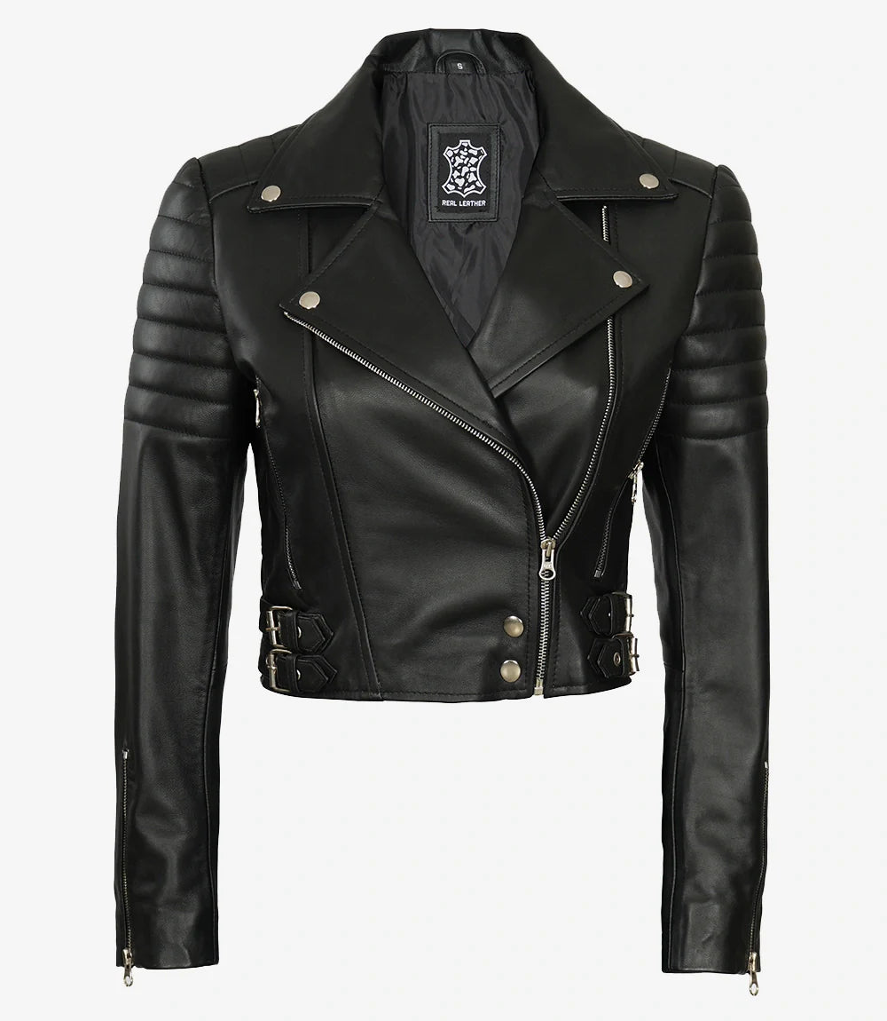 Women's Asymmetrical Black Cropped Biker Style Leather Jacket