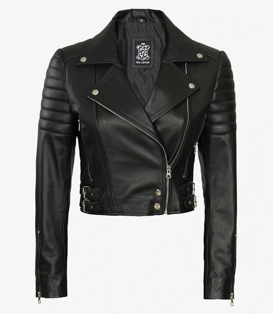 Women's Asymmetrical Black Cropped Biker Style Leather Jacket