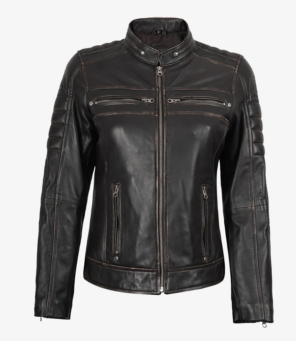 Womens Distressed Brown Biker Style Leather Jacket