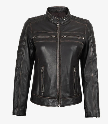 Womens Distressed Brown Biker Style Leather Jacket
