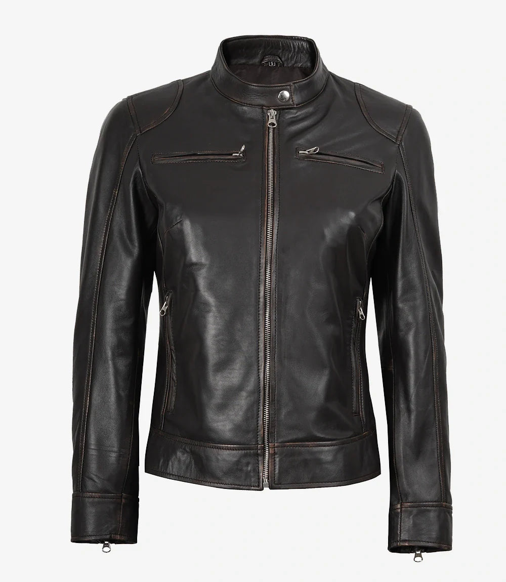 Dodge Womens Distressed Brown Biker Style Leather Jacket