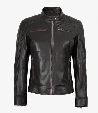 Dodge Womens Distressed Brown Biker Style Leather Jacket
