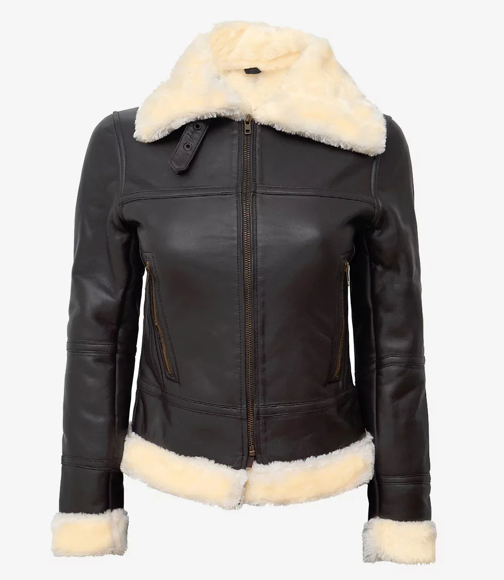 Women's Dark Brown B3 Leather Bomber Shearling Jacket