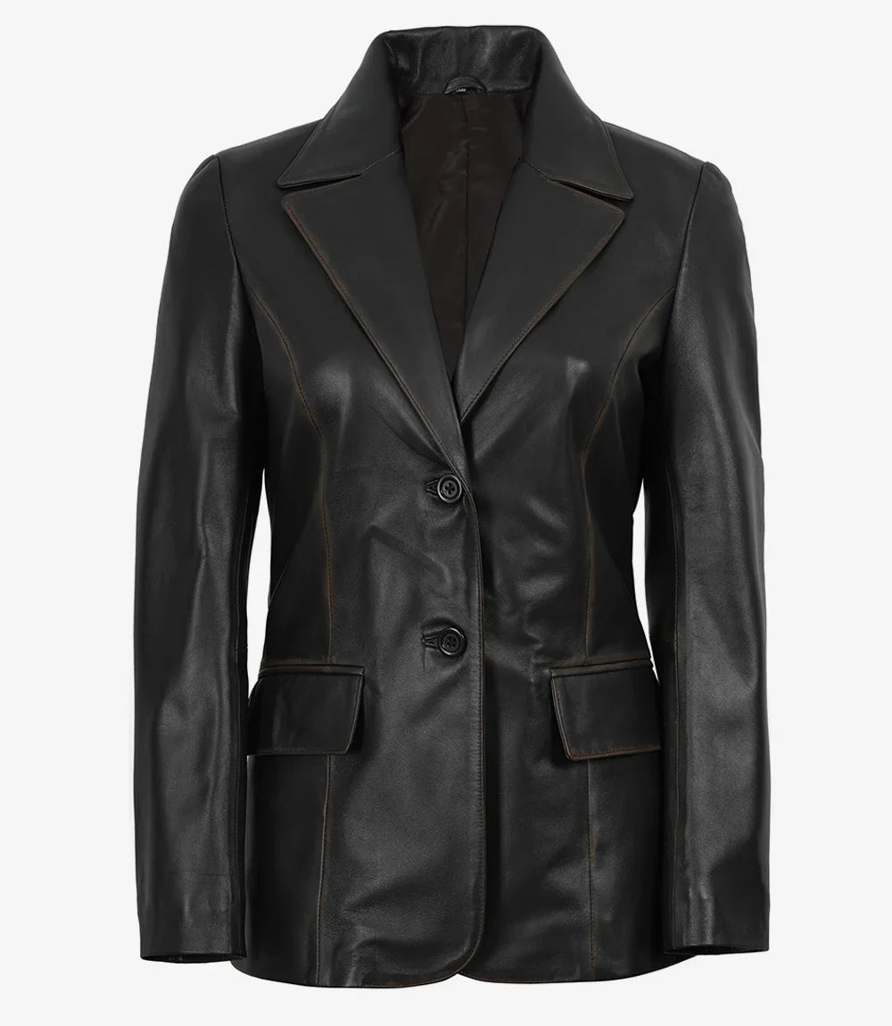 Women's Waxed Dark Brown Two Button Leather Blazer