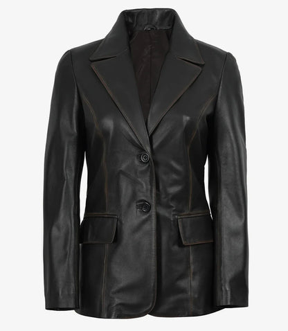 Women's Waxed Dark Brown Two Button Leather Blazer