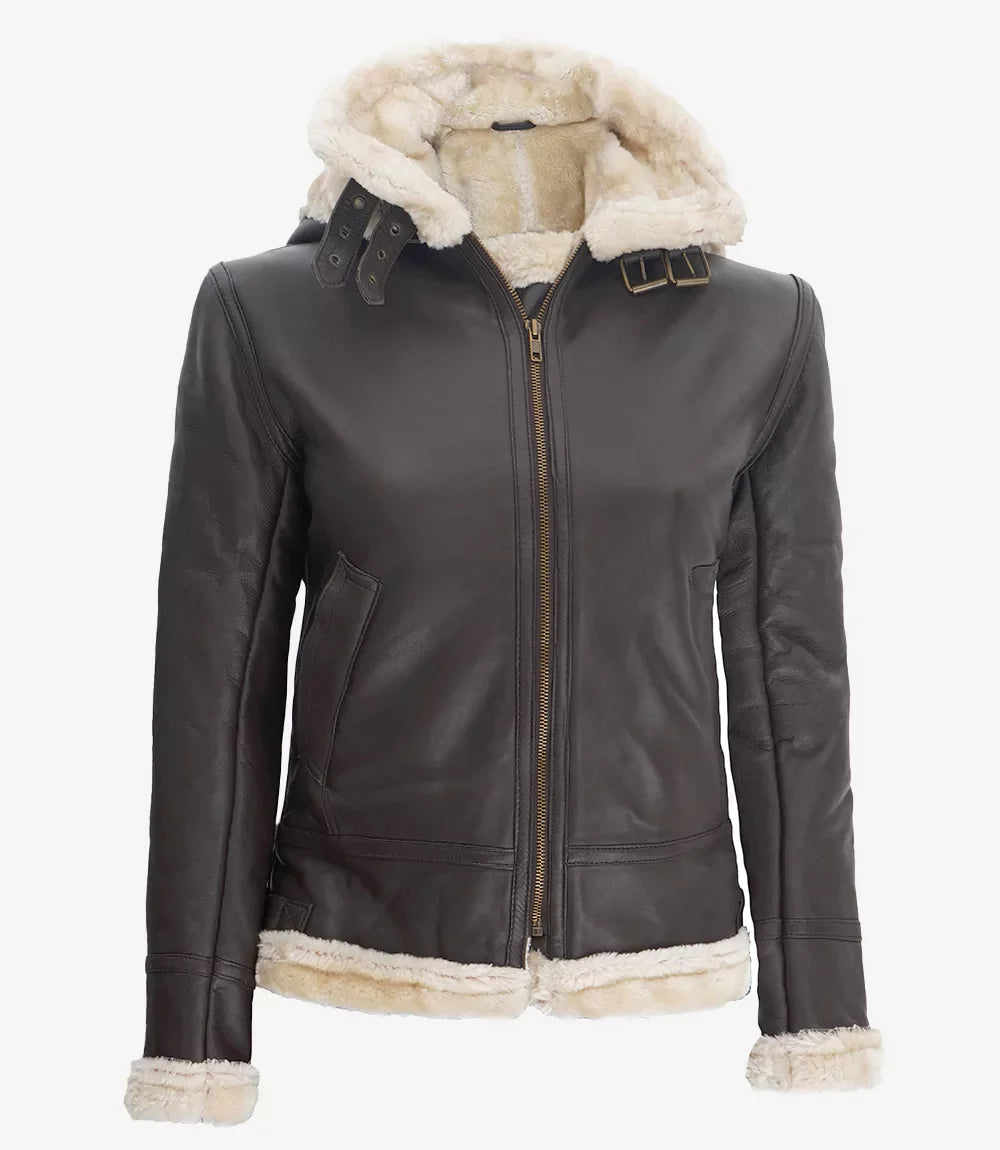 Womens Dark Brown Hooded Shearling Leather Jacket