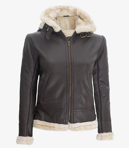 Womens Dark Brown Hooded Shearling Leather Jacket