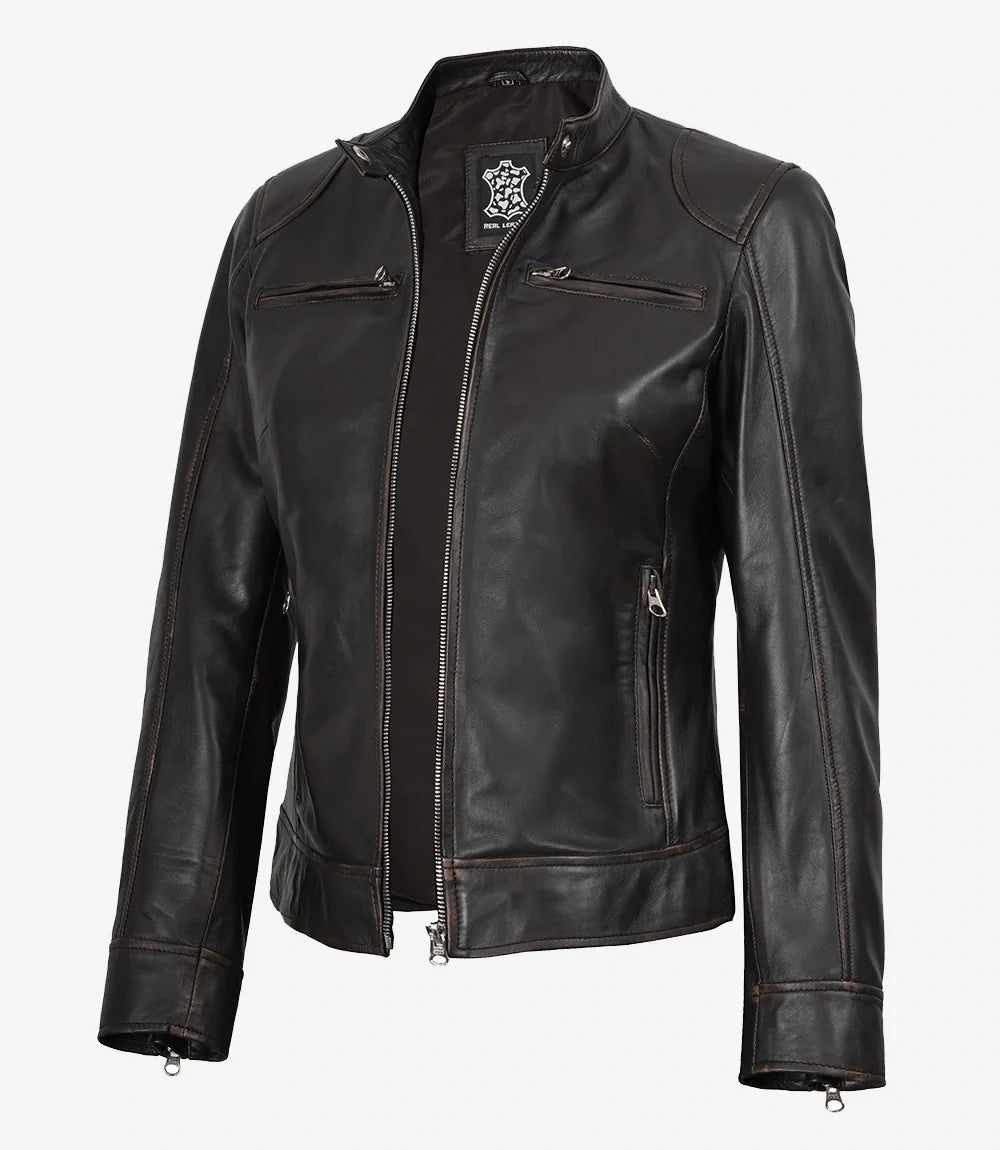 Dodge Womens Distressed Brown Biker Style Leather Jacket