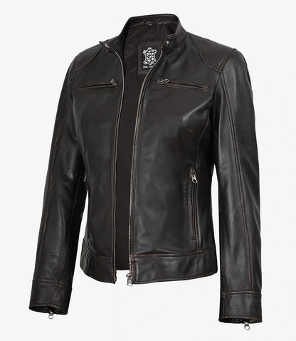 Dodge Womens Distressed Brown Biker Style Leather Jacket