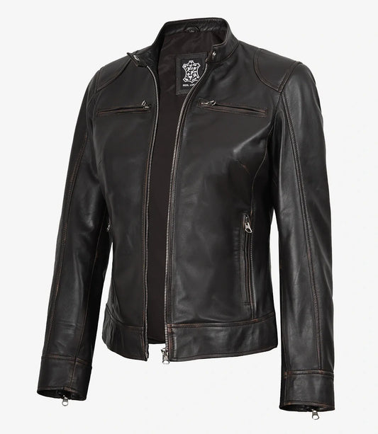 Dodge Womens Distressed Brown Biker Style Leather Jacket