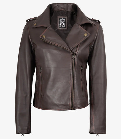 Women's Dark Brown Asymmetrical Biker Style Leather Jacket