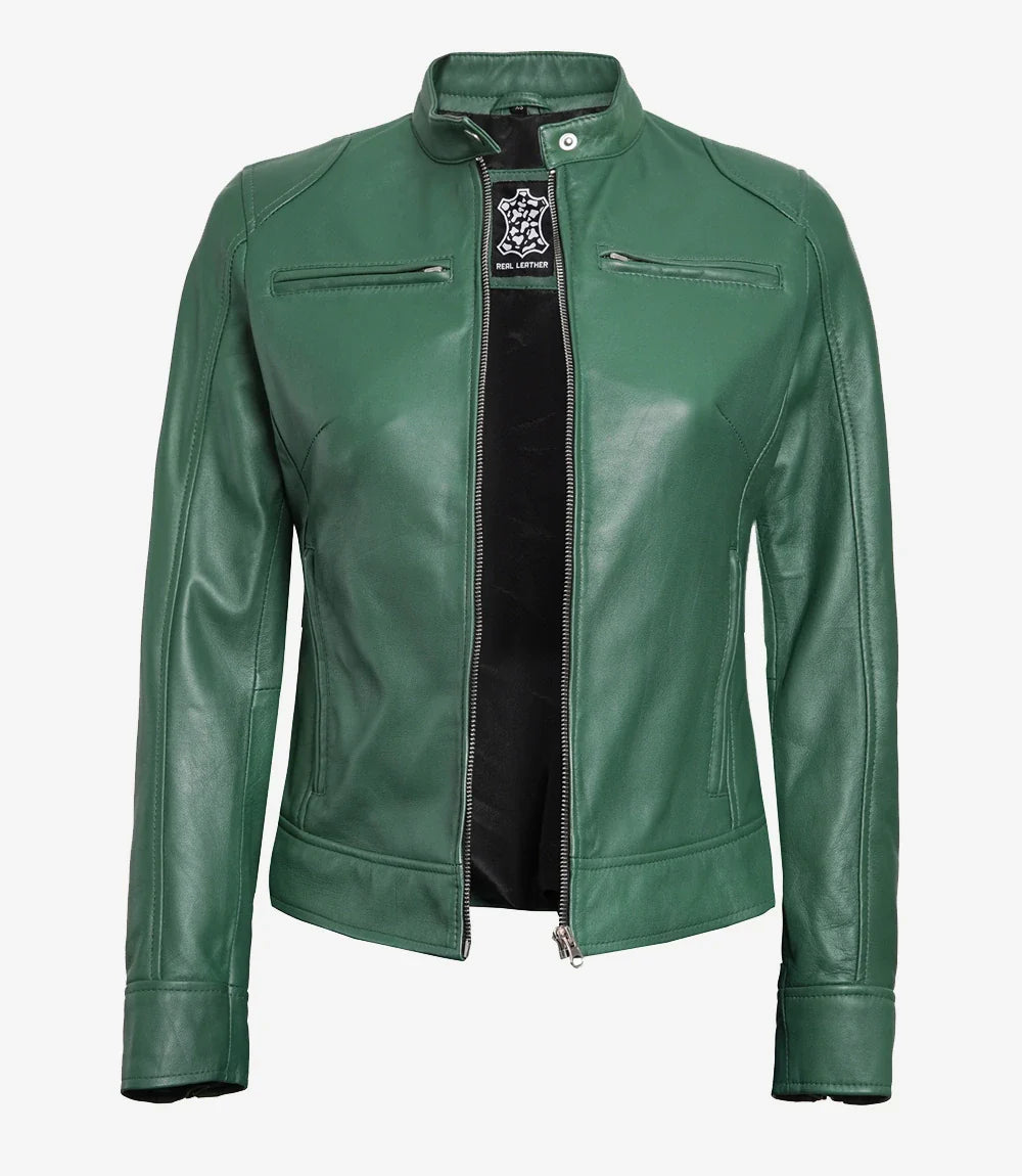 Women's Green Biker Style Leather Jacket
