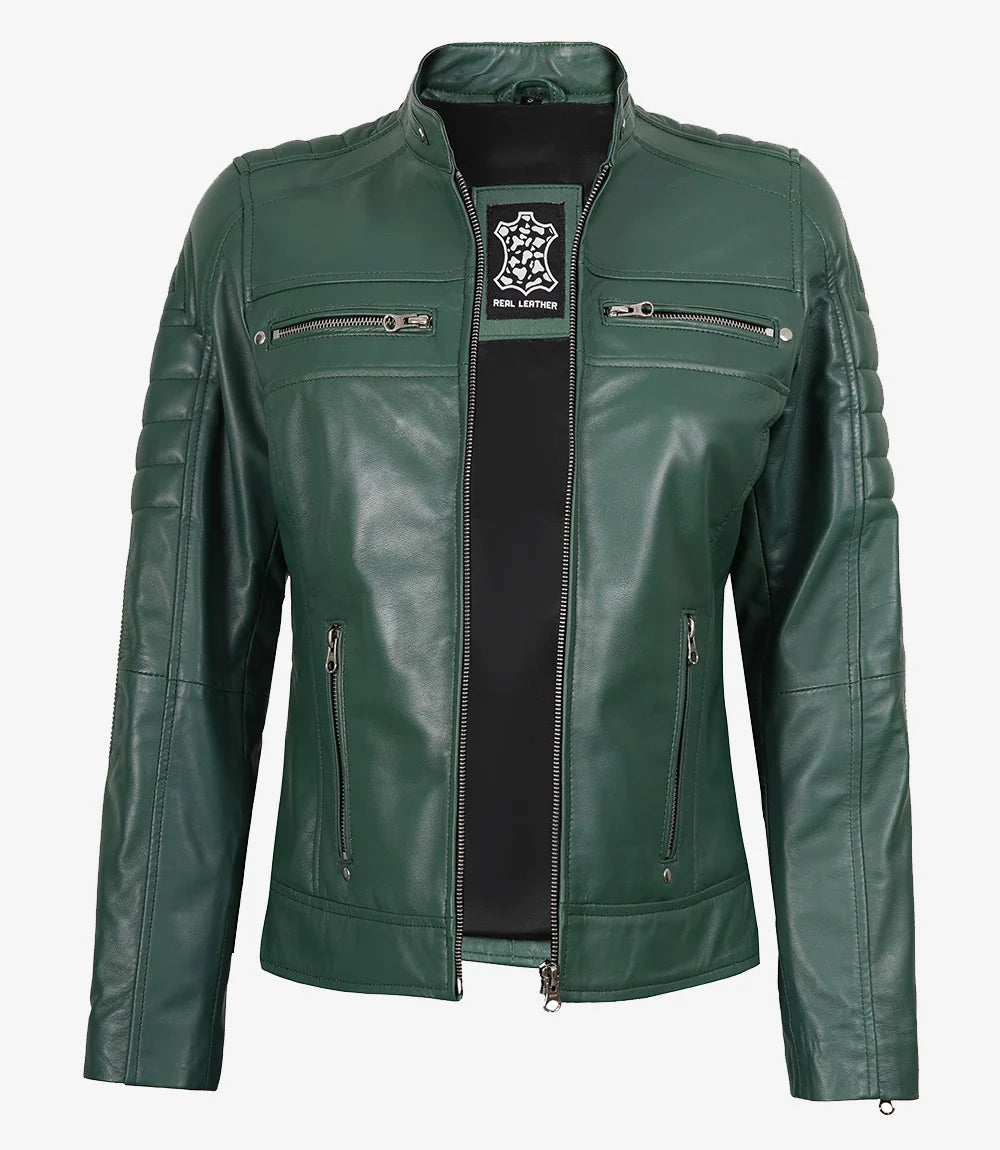 Womens Real Leather Green Biker Style Jacket