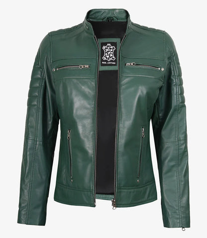 Womens Real Leather Green Biker Style Jacket