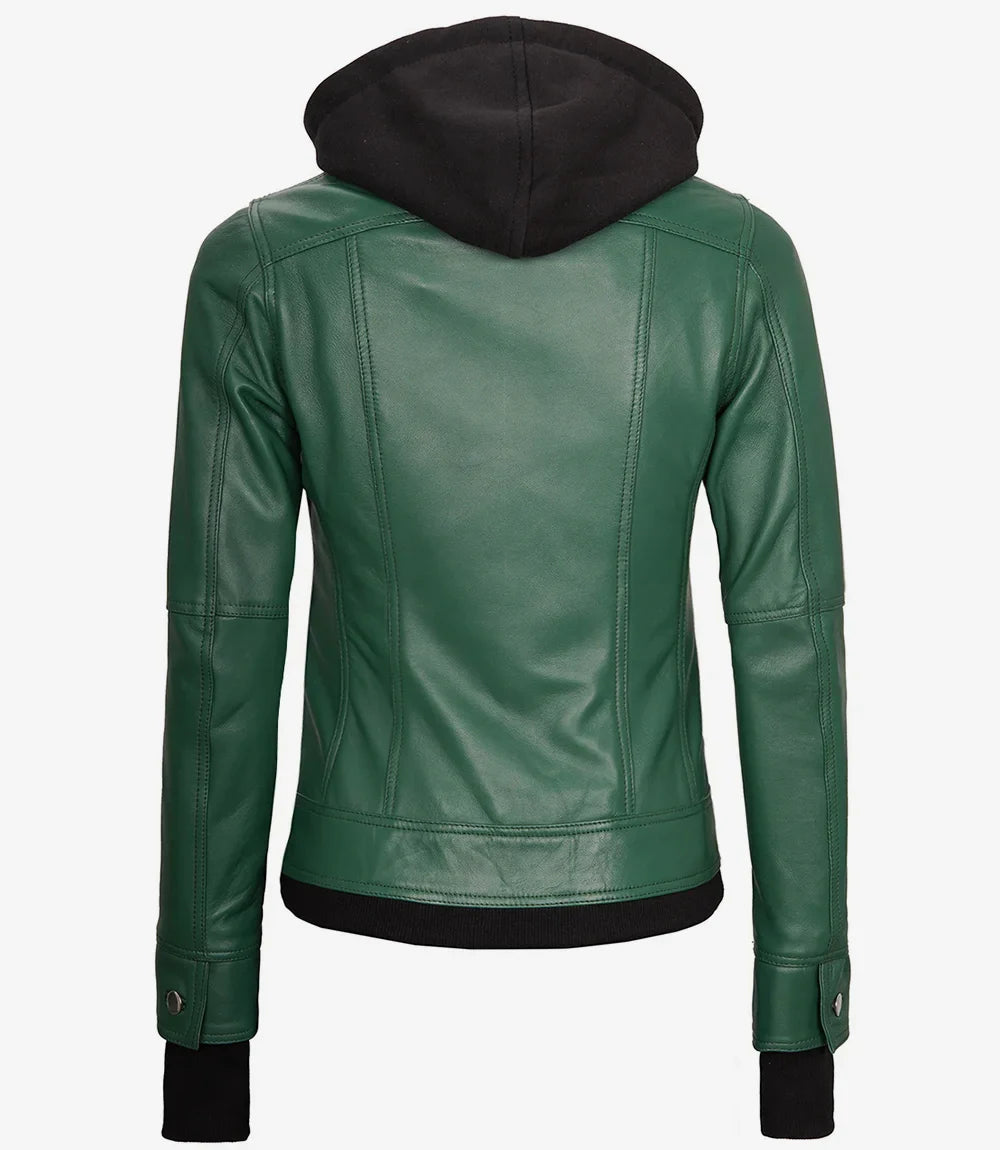 Womens Green Bomber Leather Jacket with Removable Hood