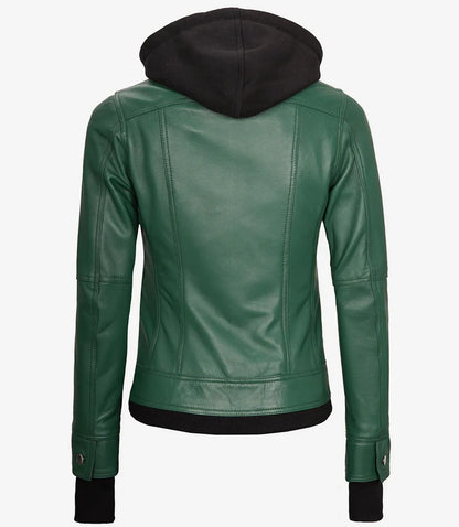 Womens Green Bomber Leather Jacket with Removable Hood
