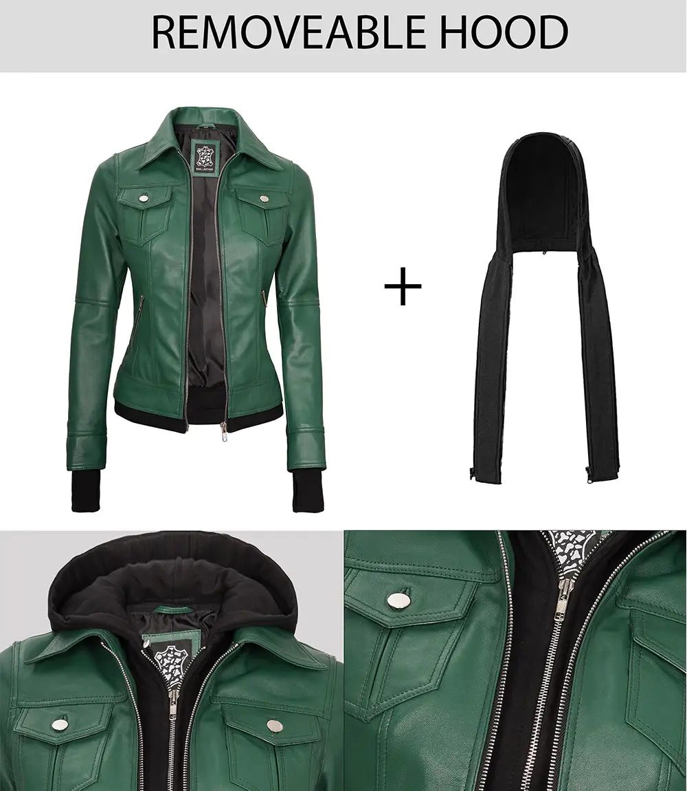 Real Leather Womens Green Bomber Jacket with Removable Hood