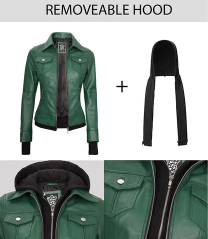 Real Leather Womens Green Bomber Jacket with Removable Hood