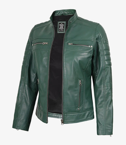 Womens Real Leather Green Biker Style Jacket