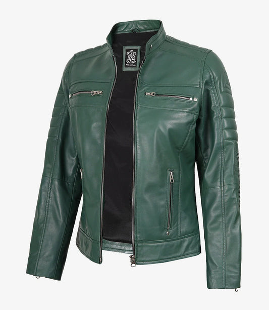 Womens Real Leather Green Biker Style Jacket