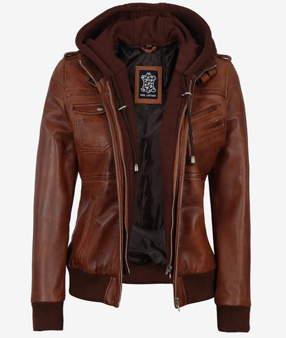 Women's Cognac Brown Leather Bomber Jacket