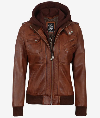 Women's Cognac Brown Leather Bomber Jacket