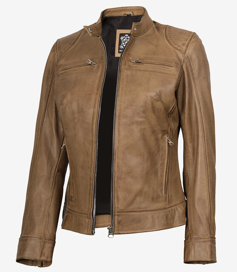 Womens Real Leather Camel Biker Style Jacket