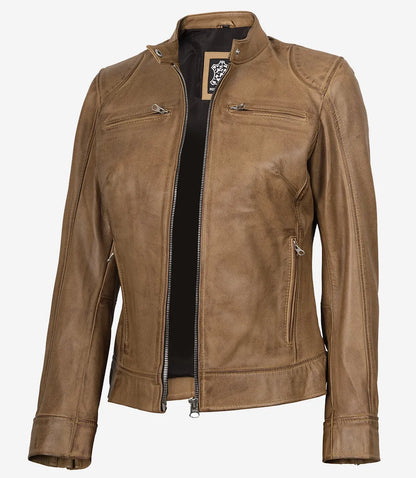 Womens Real Leather Camel Biker Style Jacket