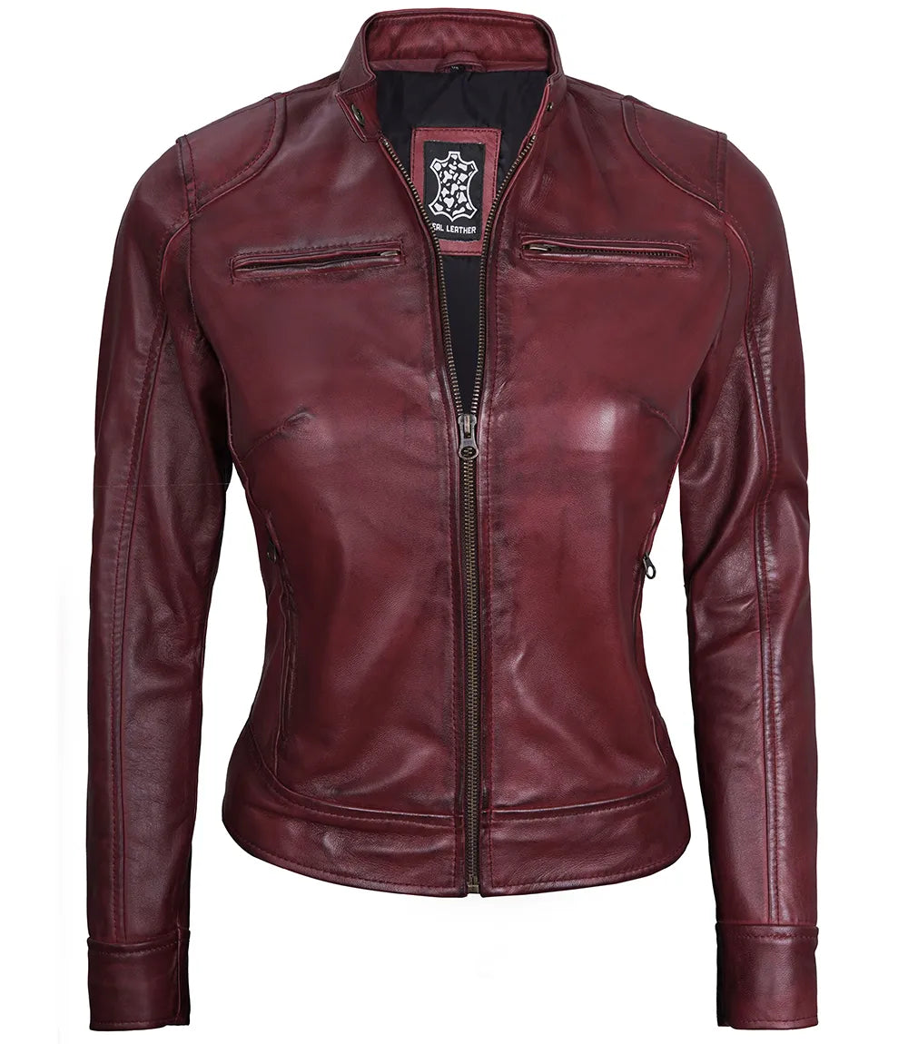 Womens Maroon Real Leather Moto Jacket Max Jackets