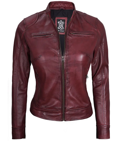 Womens Maroon Real Leather Moto Jacket Max Jackets