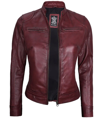 Womens Maroon Real Leather Moto Jacket Max Jackets