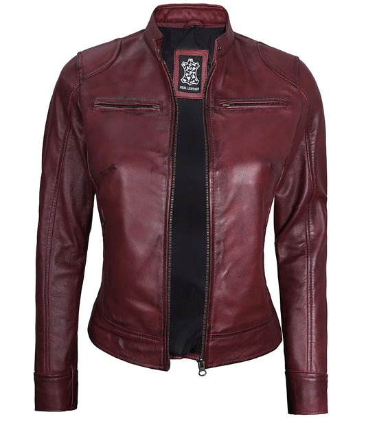 Womens Maroon Real Leather Moto Jacket Max Jackets