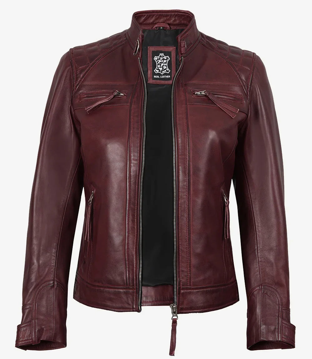 Women's Burgundy Real Lambskin Leather Biker Style Jacket
