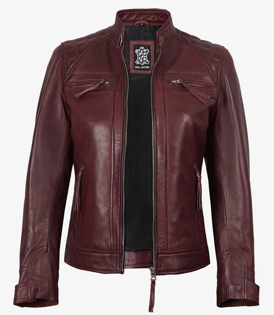 Women's Burgundy Real Lambskin Leather Biker Style Jacket