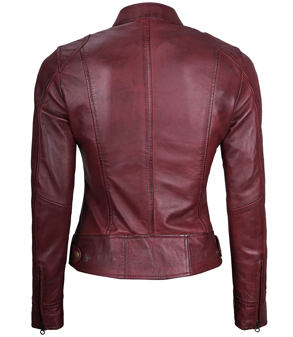 Womens Maroon Real Leather Moto Jacket Max Jackets