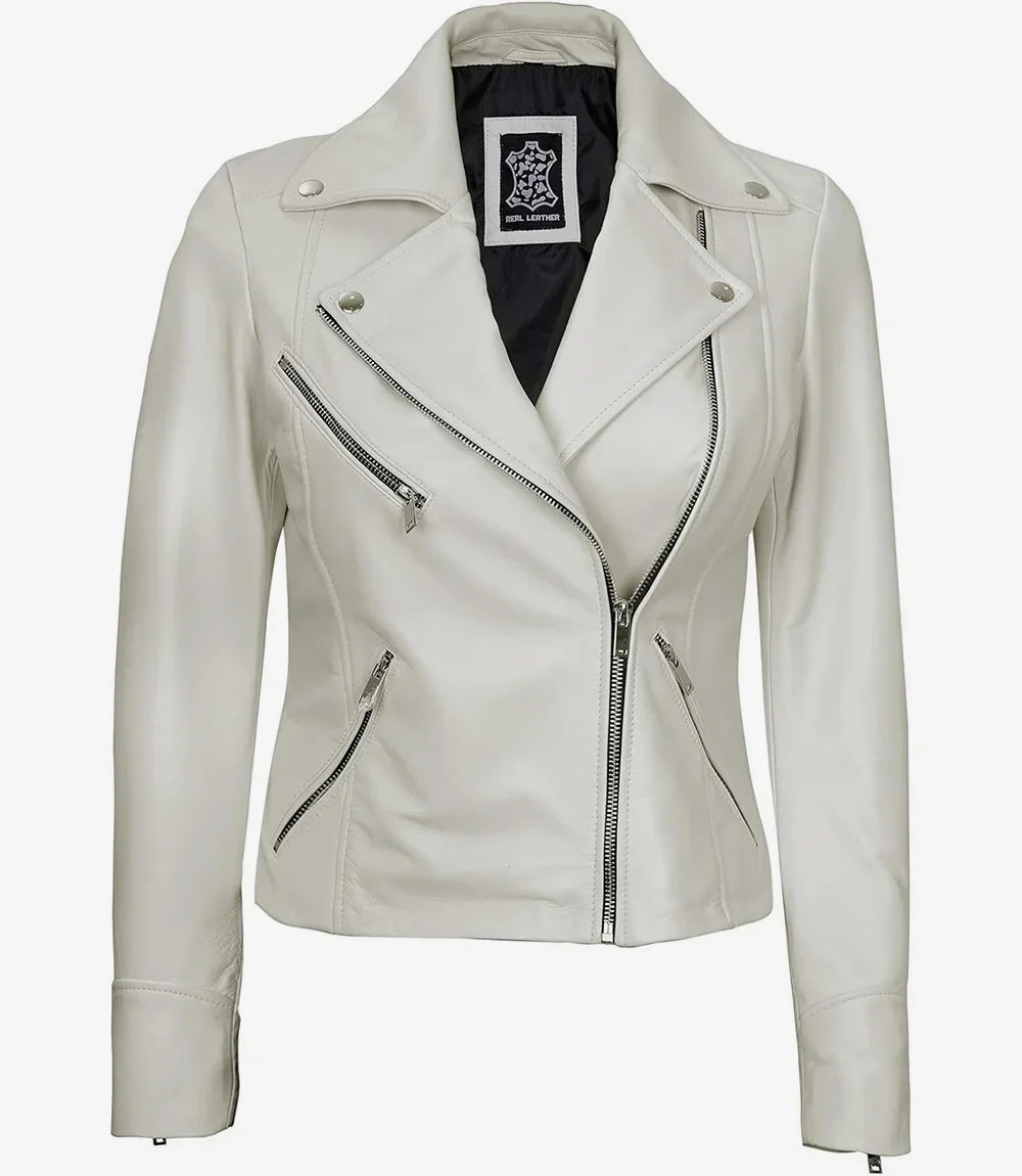 Women's Real Lambskin Leather Off White Biker Style Jacket