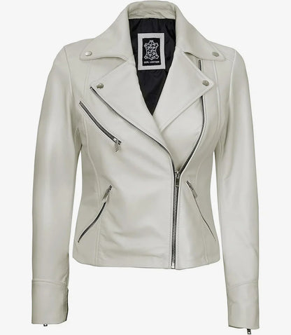 Women's Real Lambskin Leather Off White Biker Style Jacket