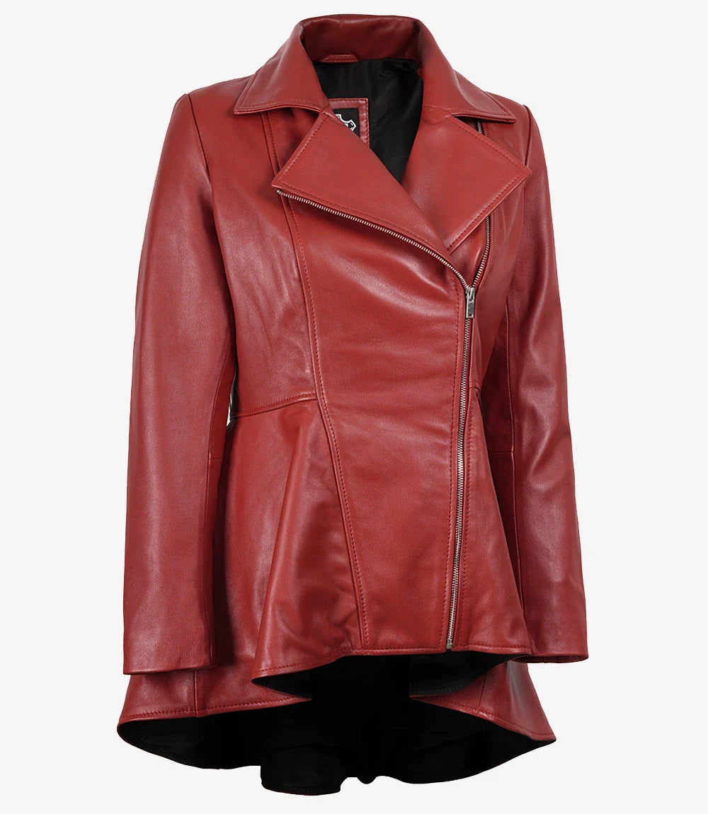 Women's Red Leather Peplum Jacket with Asymmetrical Zip Closure